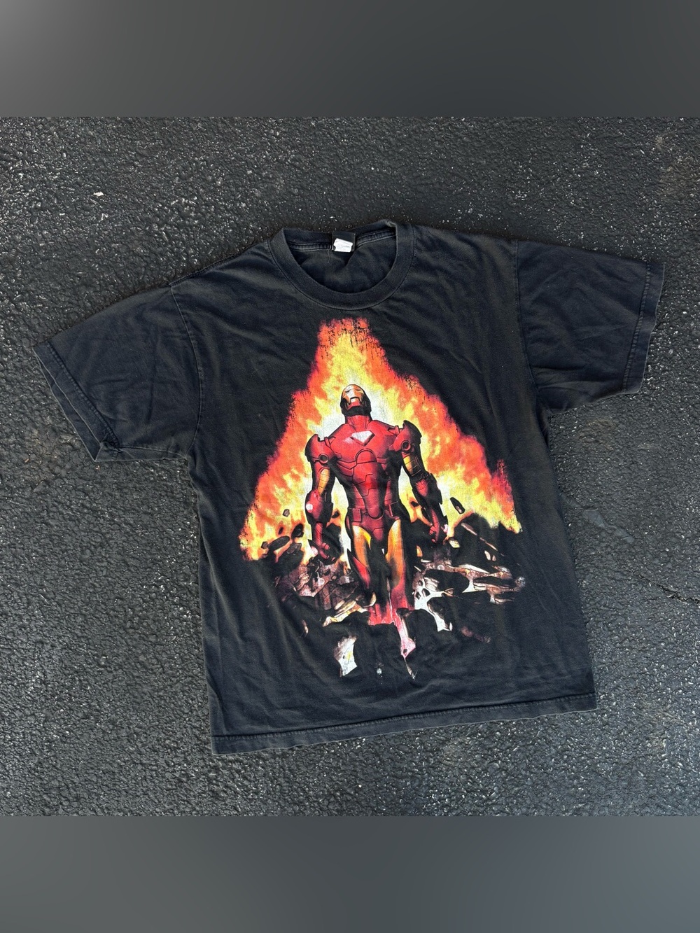 Vintage Marvel Mad Engine Flame Iron Man Graphic Black T-Shirt Size L Classic